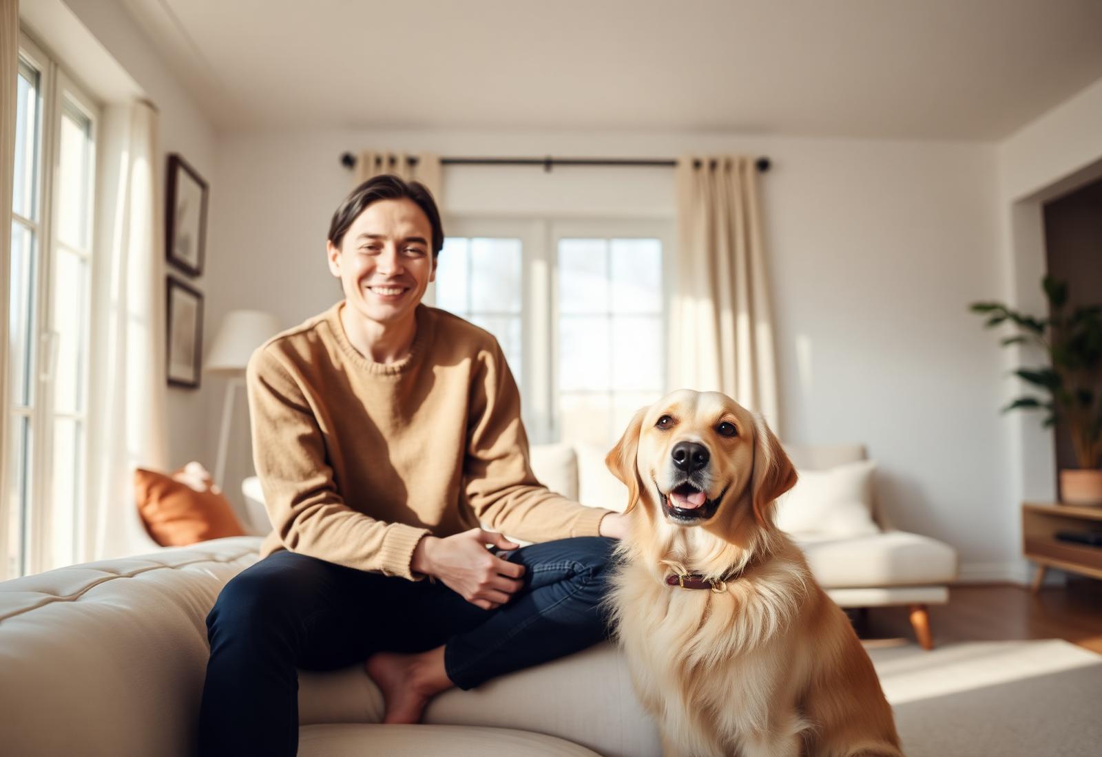Persona sonriente sentada en el sofá abrazando a su golden retriever en un salón luminoso